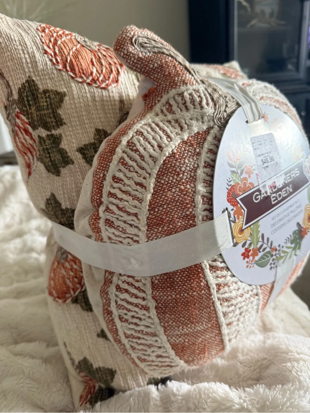 Gardeners Eden Decorative Throw Pillow Set - pumpkin and autumn colors/stitching